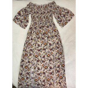 Smocked Slit Maxi Floral‎ Boho Dress Off Shoulder Flutter Sleeve Gypsy Empire